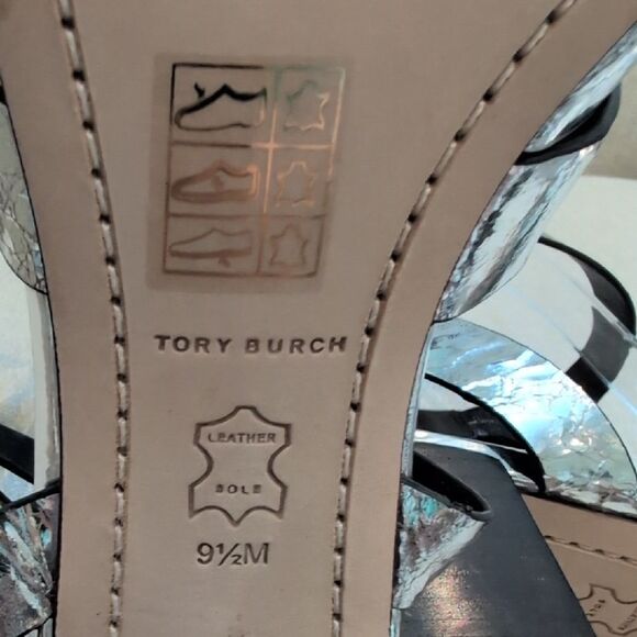Tory Burch City Heel Sandals Silver Crackle Leather Size 9.5M - Picture 3 of 12
